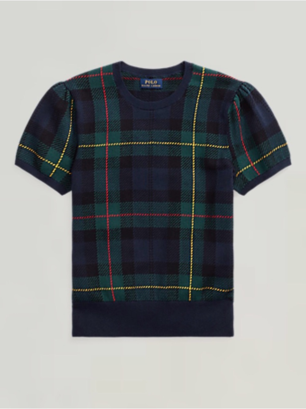 Polo by Ralph Lauren Navy & Green Plaid Short-Sleeve Sweater Top Tartan L Large
